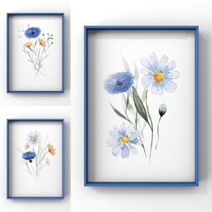 Set of 3 Blue Tan Wildflowers Minimalist Watercolor Digital Art Prints